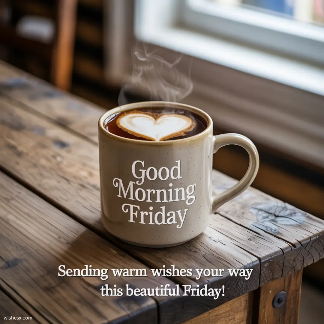 A cheerful graphic wishing a good morning on Friday, featuring bright colors and uplifting text.