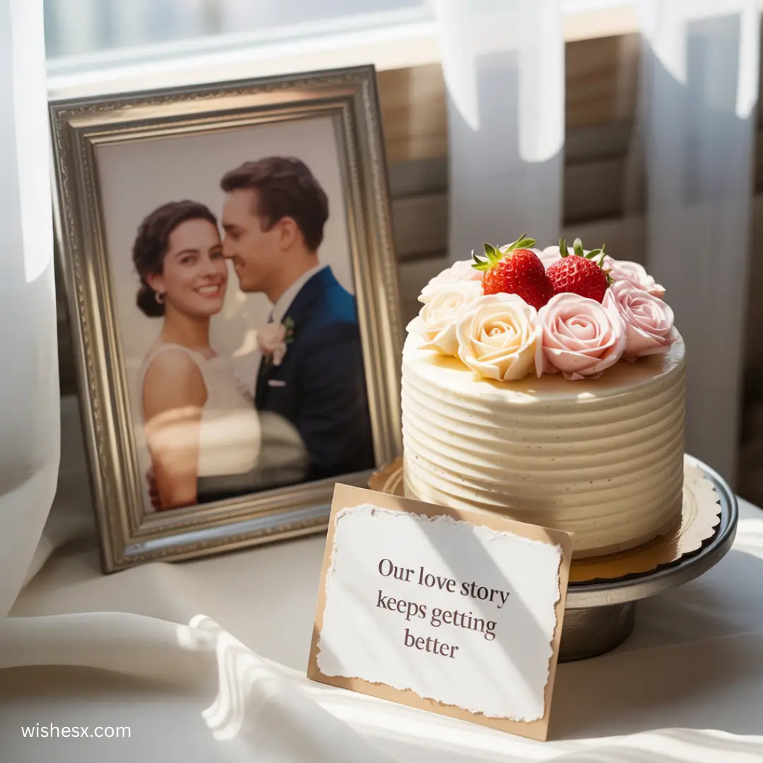 A wedding cake featuring a photo of the couple on top, elegantly decorated with white frosting and floral accents.