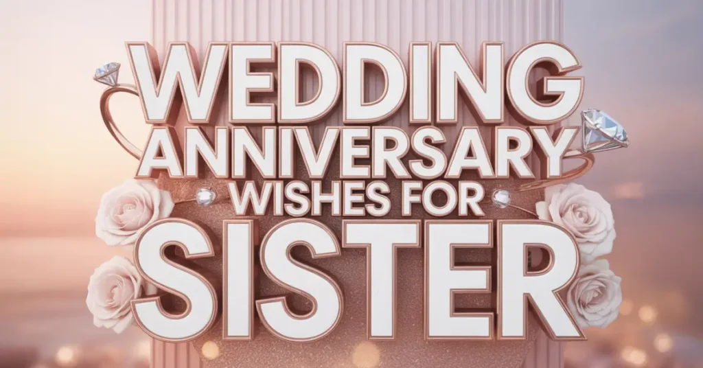Elegant text reads "Wedding Anniversary Wishes for Sister" in bold letters, adorned with roses and diamond rings, set against a soft pink, dreamy background.