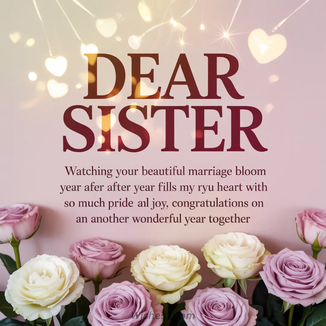 Alt text: A heartfelt message for a sister is overlaid on a background with glowing heart-shaped lights. The foreground features pink, white, and yellow roses, conveying warmth and love.
