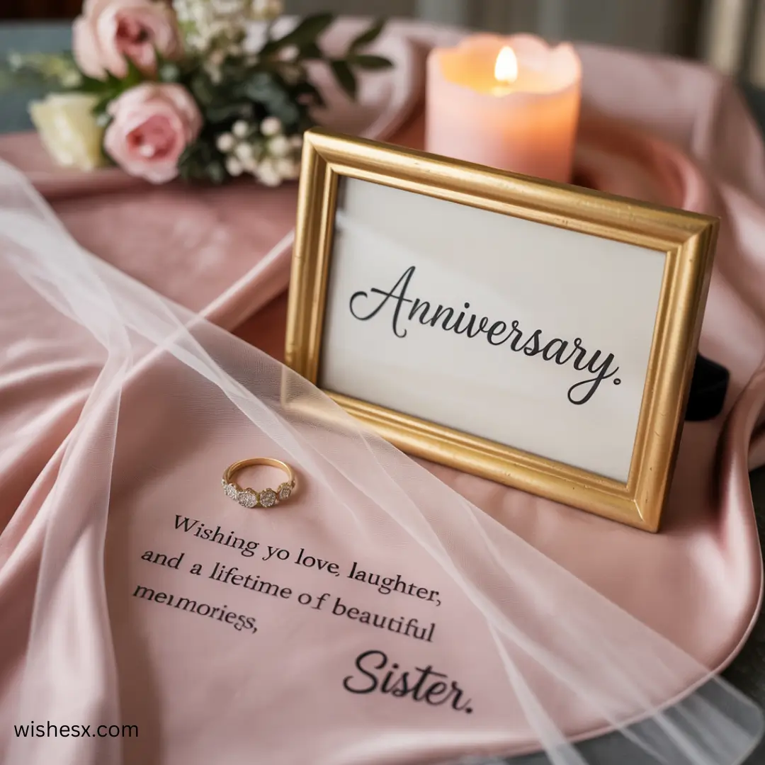 A joyful sister celebrating her wedding anniversary, surrounded by flowers and candles, radiating love and happiness.