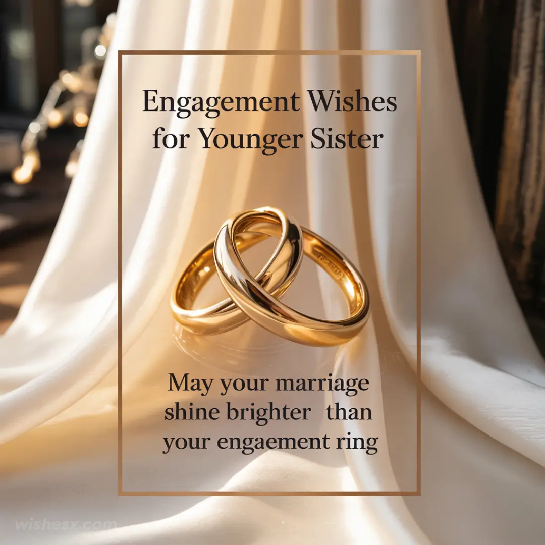 Two intertwined gold rings rest on a silky white fabric, illuminated by soft light. Text reads: "Engagement Wishes for Younger Sister. May your marriage shine brighter than your engagement ring." Warm, celebratory tone.
