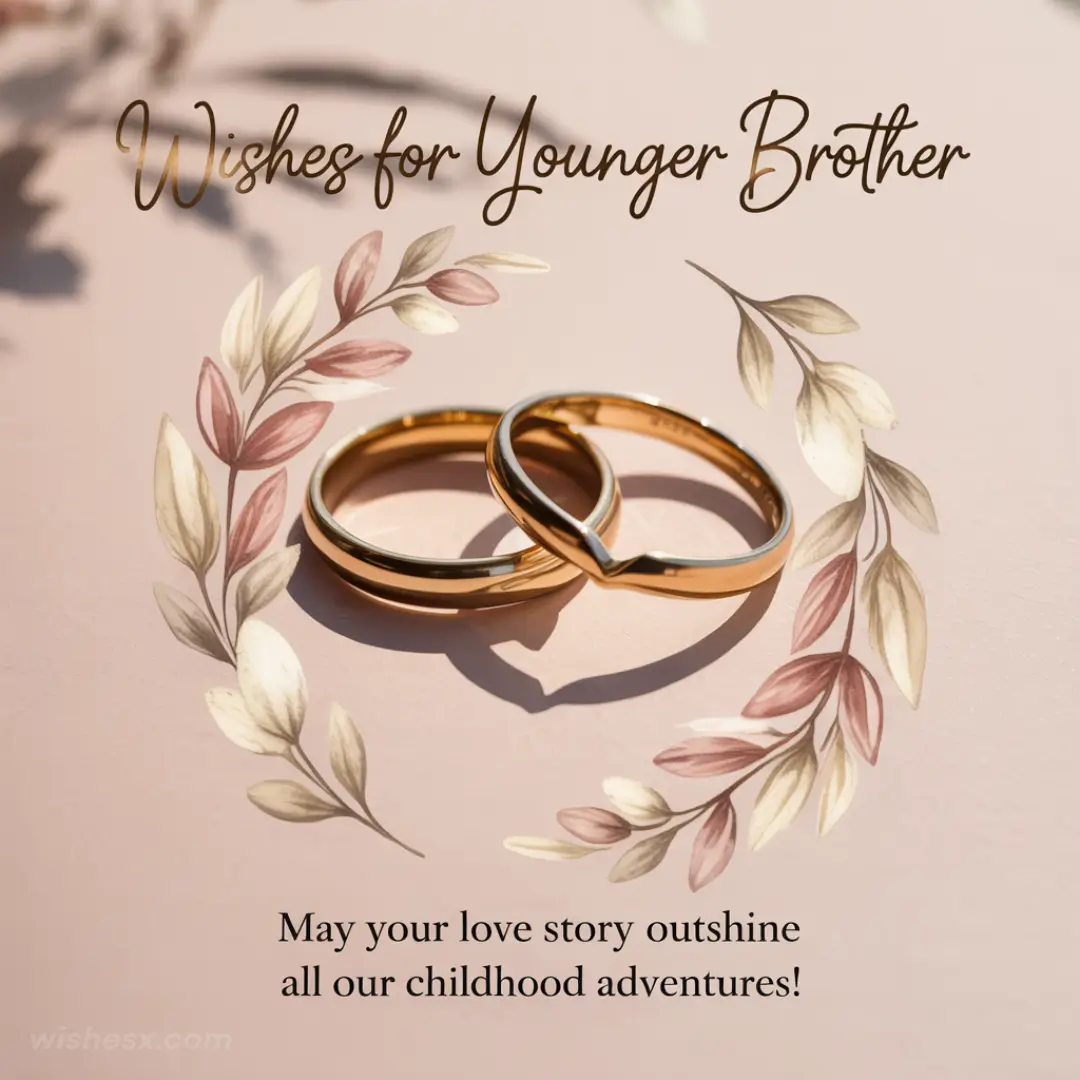 Two gold rings on a pink background with floral accents. Text reads: "Wishes for Younger Brother. May your love story outshine all our childhood adventures!"