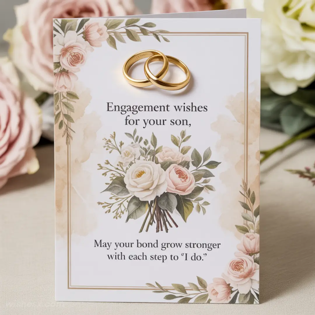 Engagement card with gold rings on top. Features pastel floral design and text: "Engagement wishes for your son, may your bond grow stronger with each step to 'I do.'"