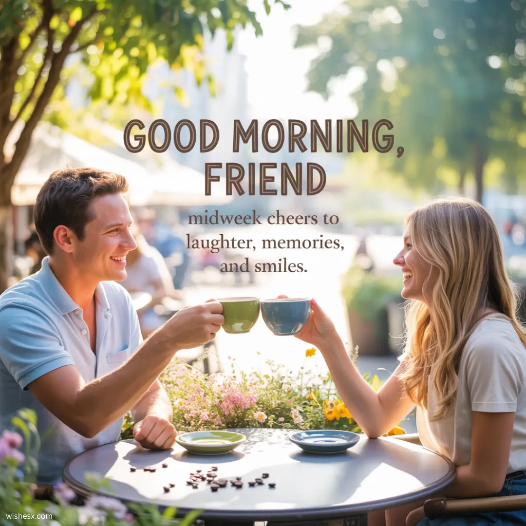  A cheerful greeting image with the text "Good morning, friend" in a warm, inviting font against a bright background.