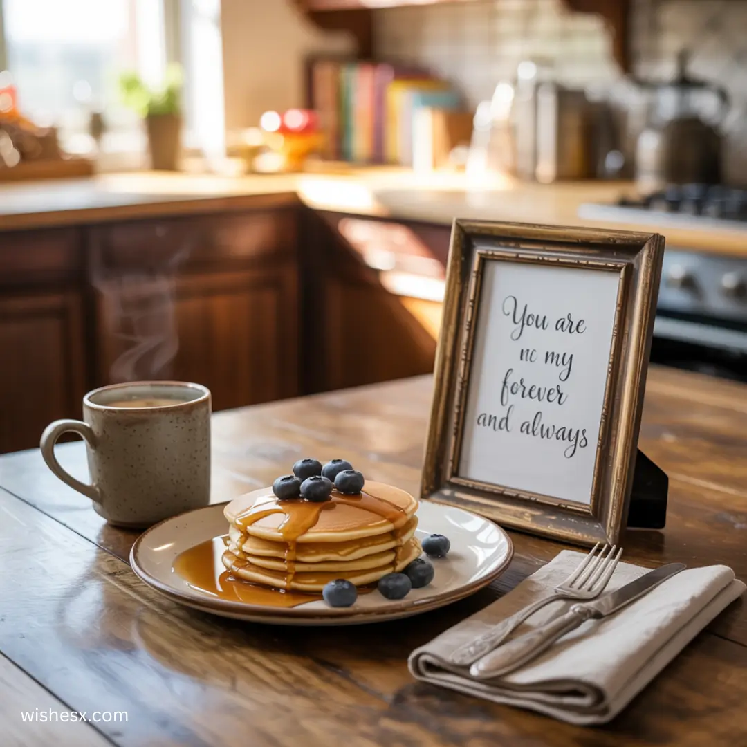 A stack of pancakes sits on a kitchen table beside a framed photo, creating a cozy breakfast scene. 