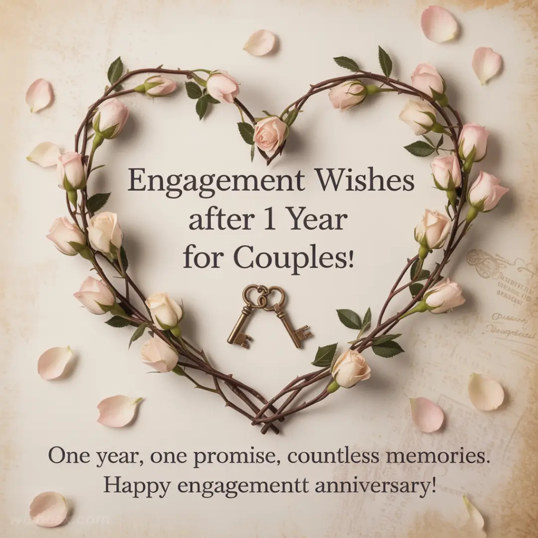 Heart-shaped rose wreath with vintage keys inside. Text reads, "Engagement Wishes after 1 Year for Couples! Happy engagement anniversary!" Romantic, celebratory tone.
