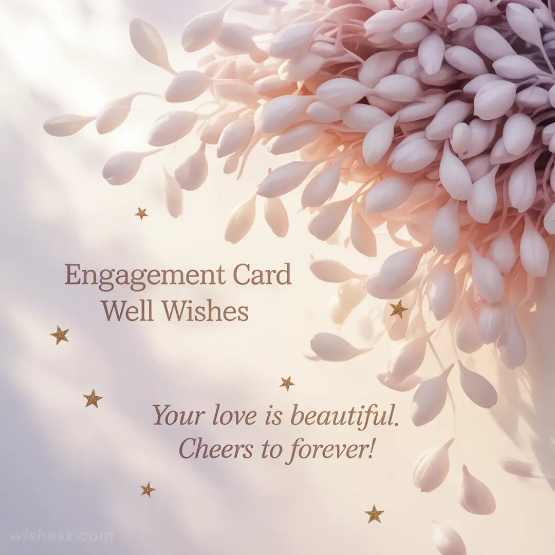 Delicate bouquet of light pink buds with gold stars and text: "Engagement Card Well Wishes. Your love is beautiful. Cheers to forever!"