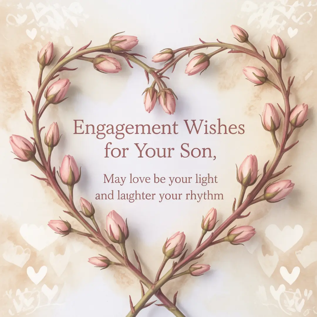 Heart-shaped pink rosebuds frame text reading "Engagement Wishes for Your Son, May love be your light and laughter your rhythm," on a soft, floral background.