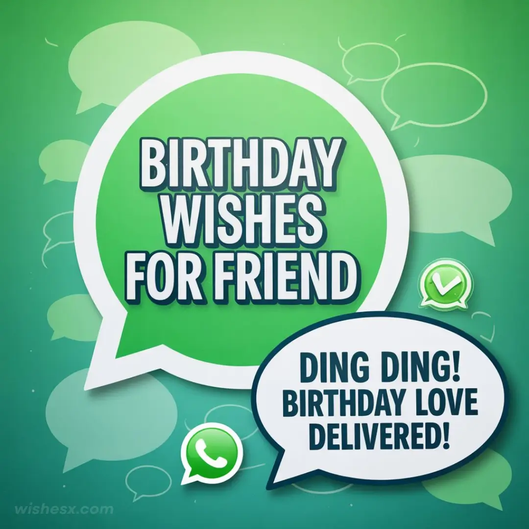 Green background with overlapping chat bubbles. Main bubble reads "Birthday Wishes for Friend." Another bubble says "Ding ding! Birthday love delivered!" with checkmark icons, conveying a cheerful tone.