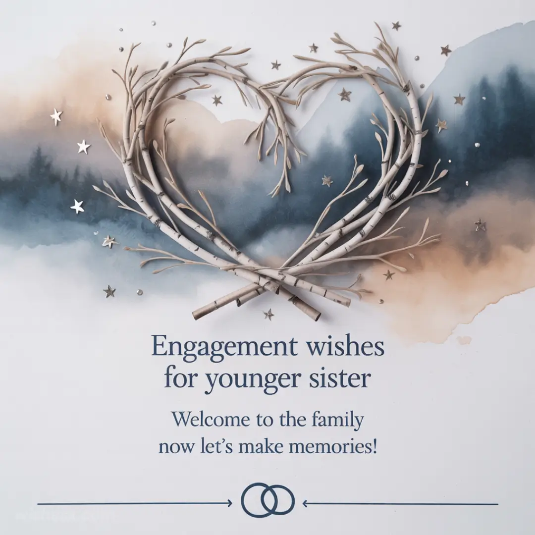 Heart-shaped twigs and stars over a watercolor background. Text says, “Engagement wishes for younger sister. Welcome to the family now let’s make memories!” Romantic tone.