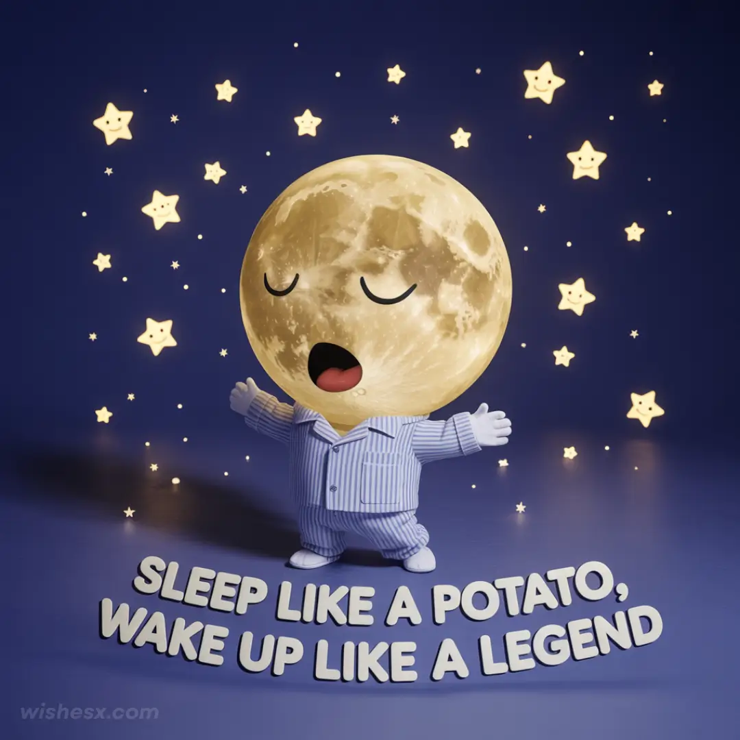 A humorous illustration of a potato sleeping, with a caption about waking up as a legend, symbolizing transformation.