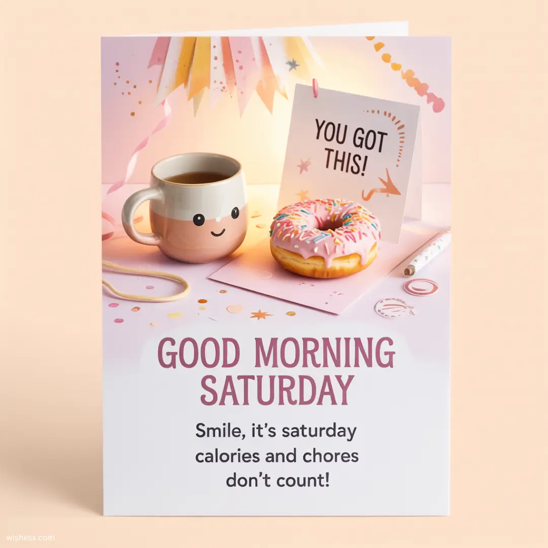  A cheerful card displaying "Good Morning Saturday" with bright colors and a sunny background.