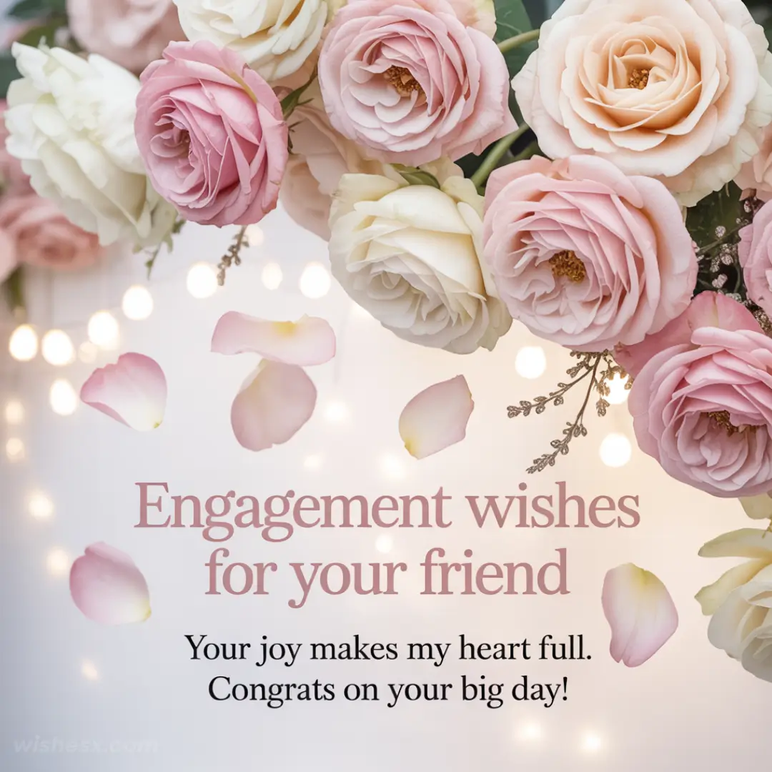 Bouquet of pink and white roses with delicate petals falling, set against soft lights. Text: "Engagement wishes for your friend. Congrats on your big day!"