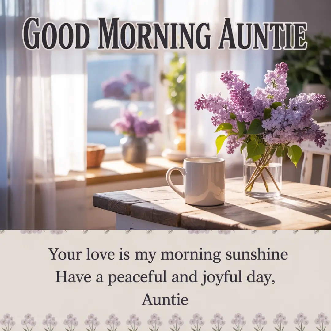 Morning sunlight filters through curtains onto a table with a white mug and vase of lilacs. Text: "Good Morning Auntie. Your love is my morning sunshine."
