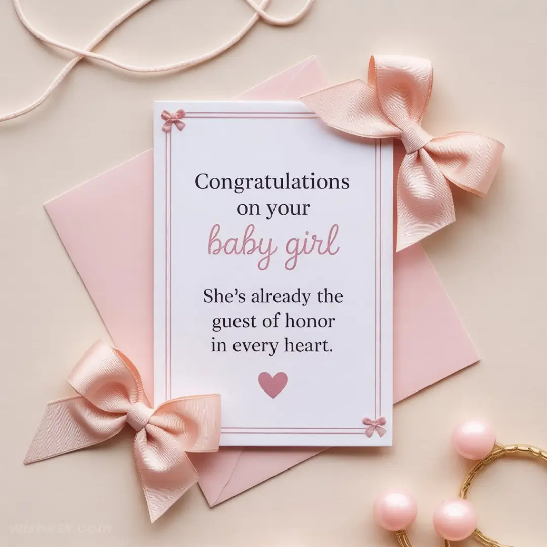 Greeting card congratulating a new baby girl, with pink text and heart, surrounded by pink bows and beads. Elegant and celebratory tone.