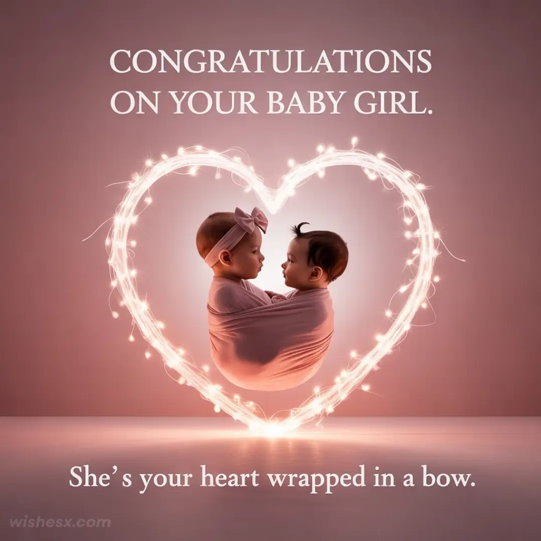 Two babies wrapped in a pink cloth gaze at each other inside a glowing heart frame. Text reads "Congratulations on your baby girl." Warm and tender mood.