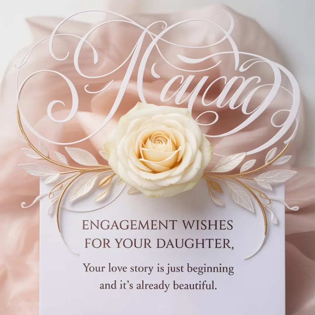 Elegant engagement card with a white rose and gold leaves, set against a soft pink fabric. Message reads, "Engagement wishes for your daughter..."