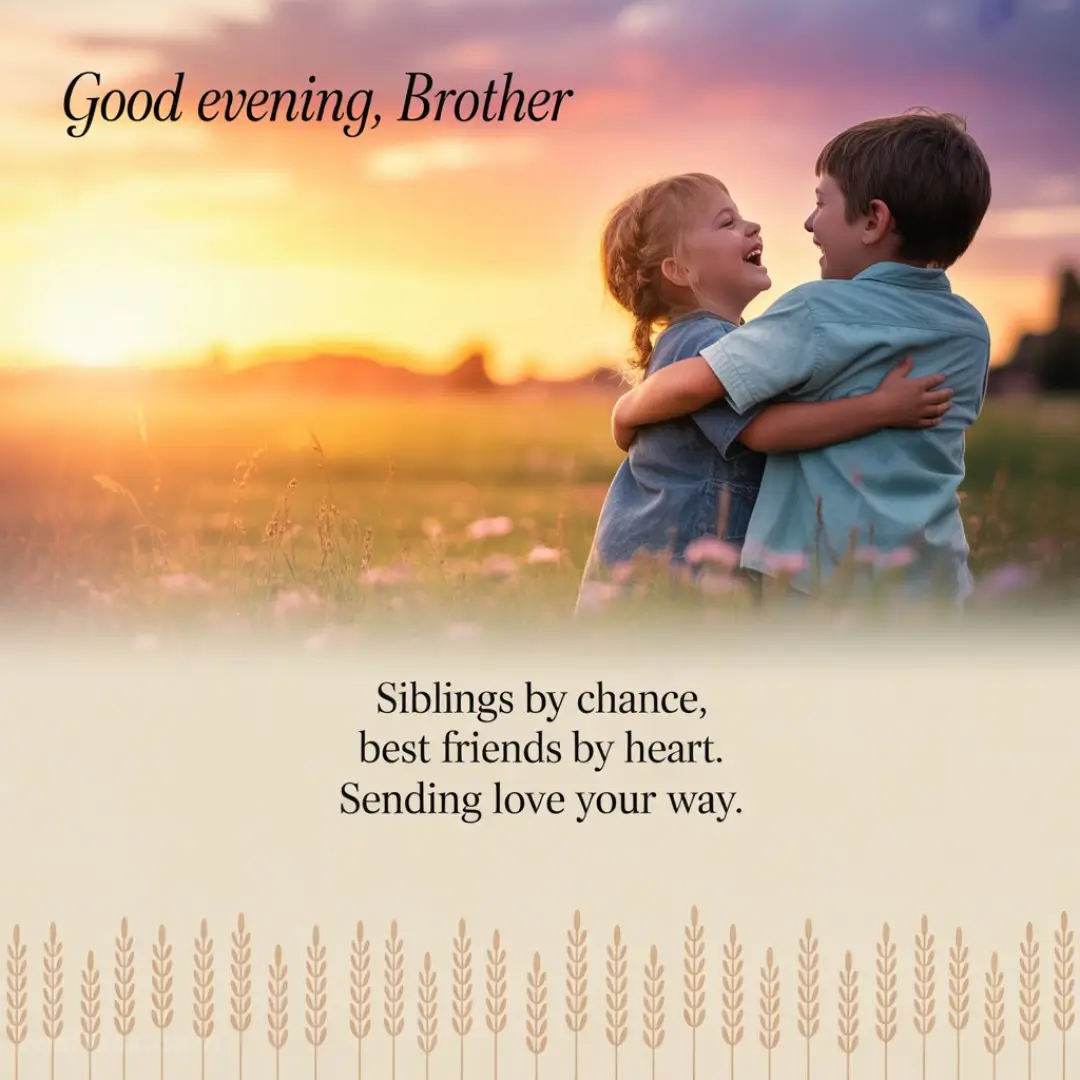 Children hugging in a field at sunset with a warm glow. Text reads, “Good evening, Brother. Siblings by chance, best friends by heart. Sending love your way.”
