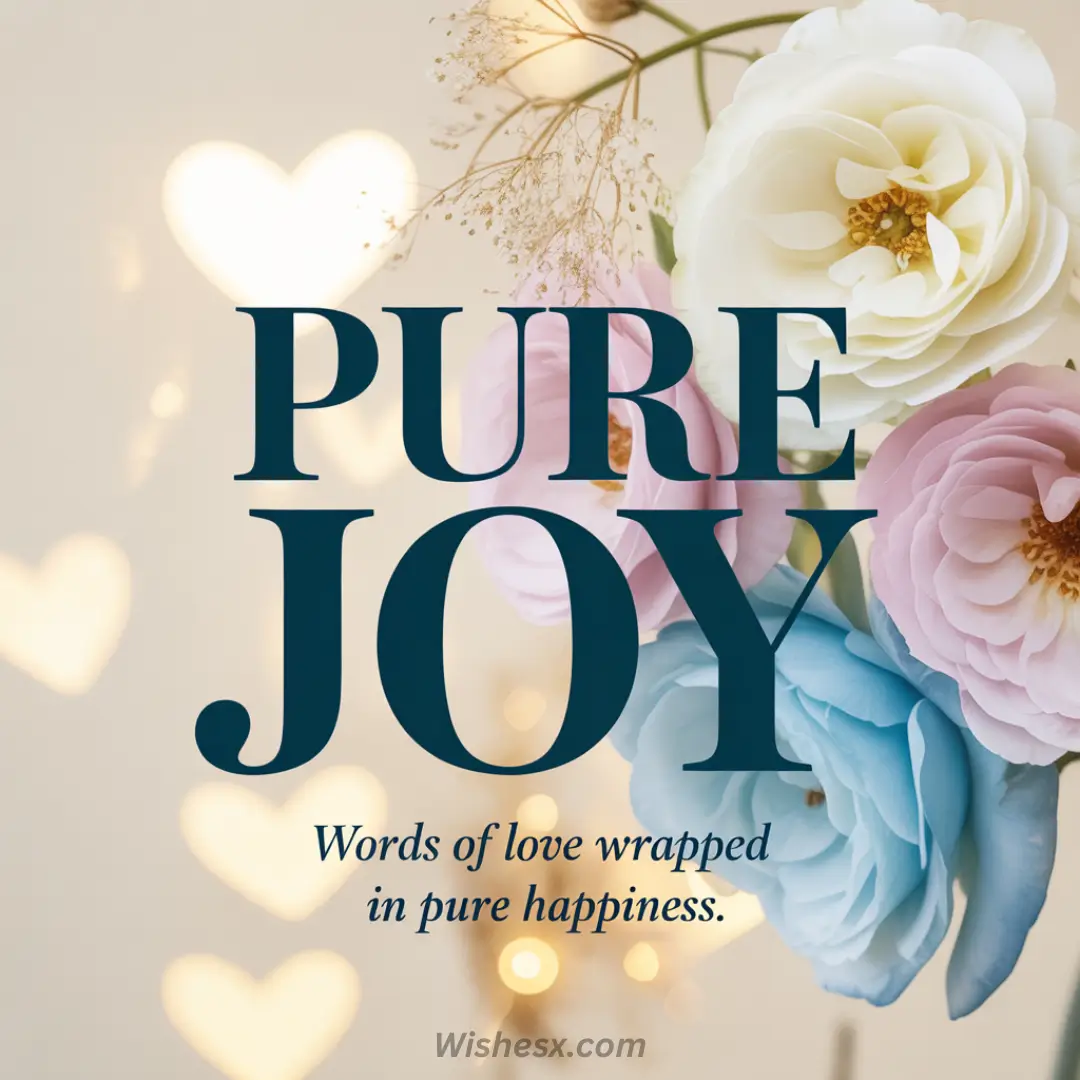 Bouquet of white, pink, and blue flowers with heart-shaped bokeh lights in the background. Text reads "PURE JOY" and "Words of love wrapped in pure happiness."