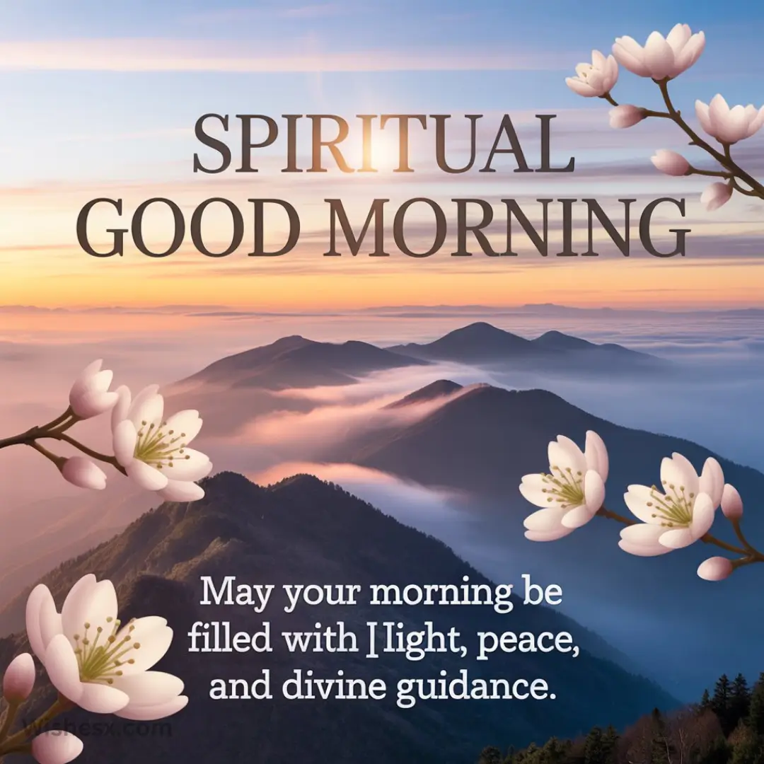 Mountain landscape at sunrise with soft colors and clouds, accompanied by white flowers and text: "Spiritual Good Morning. May your morning be filled with light, peace, and divine guidance."