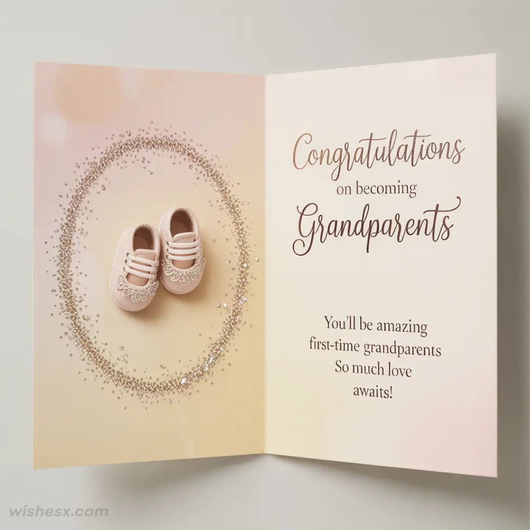 Card with pink baby shoes encircled by glitter on left, and message: "Congratulations on becoming Grandparents. You'll be amazing!" on right.