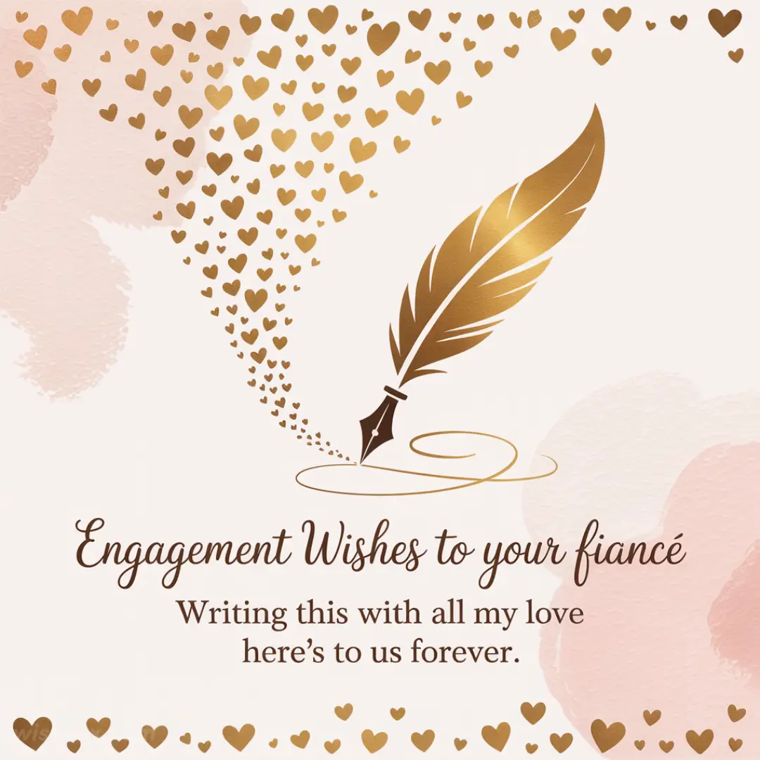 Gold quill pen surrounded by swirling golden hearts on a pink watercolor background. Text reads "Engagement Wishes to your fiancé... here's to us forever."