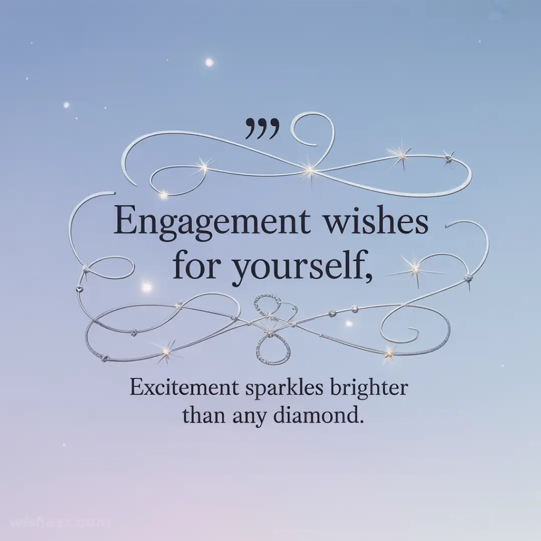 Elegant typography on a gradient blue-to-pink background reads: "Engagement wishes for yourself, Excitement sparkles brighter than any diamond." Starry accents enhance the celebratory feel.