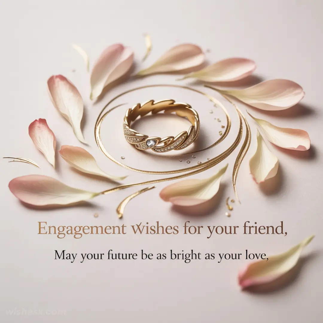 A gold engagement ring with a diamond is surrounded by pink rose petals on a light background. The text conveys warm engagement wishes.