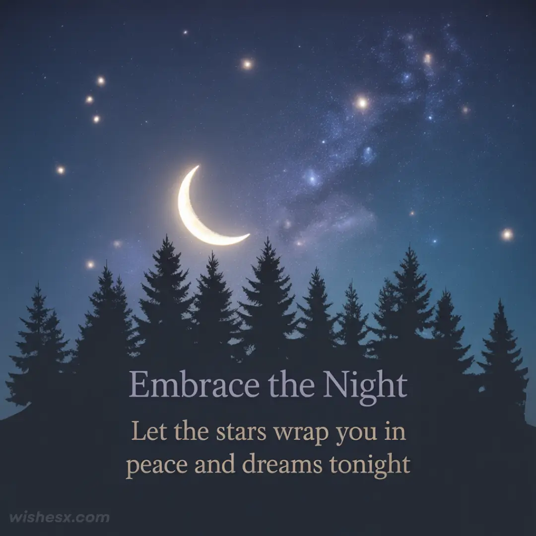 A crescent moon and stars illuminate a night sky above a silhouette of pine trees. Text reads, "Embrace the Night. Let the stars wrap you in peace and dreams tonight." The scene conveys tranquility.