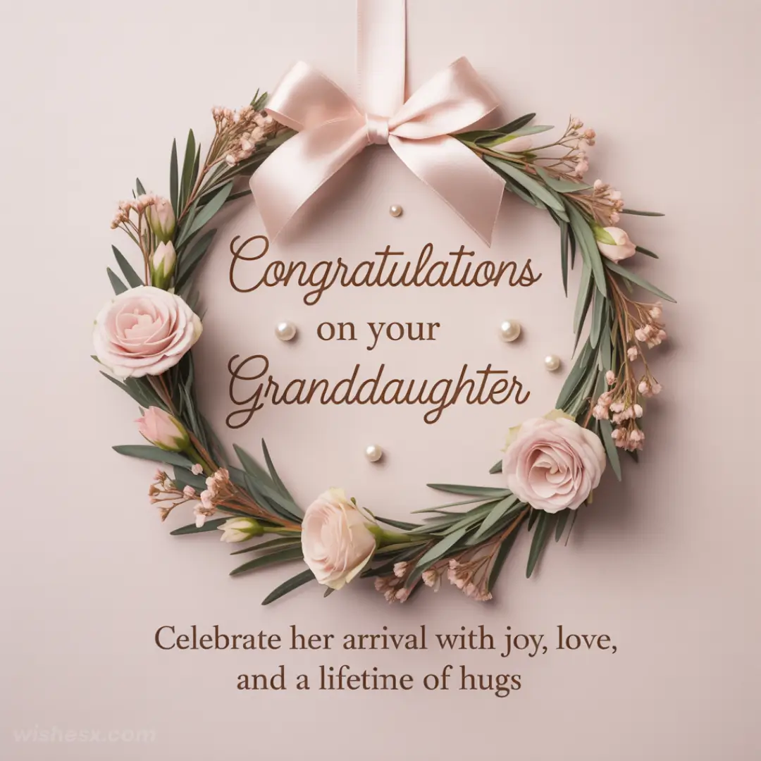 Rose and olive wreath on pink background with a bow, adorned with pearls. Text: "Congratulations on your Granddaughter" evokes joy and warmth.