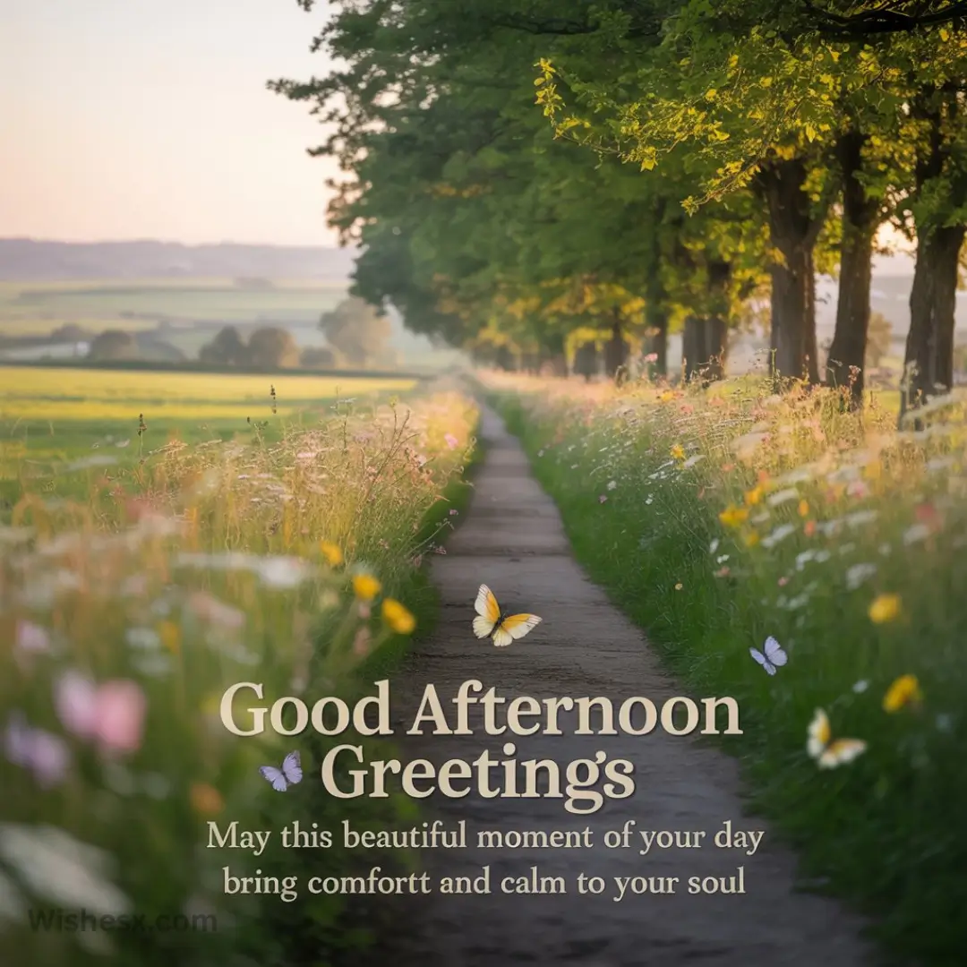 Pathway lined with trees and wildflowers under soft afternoon light, with butterflies fluttering. Text reads, "Good Afternoon Greetings" conveying calm.