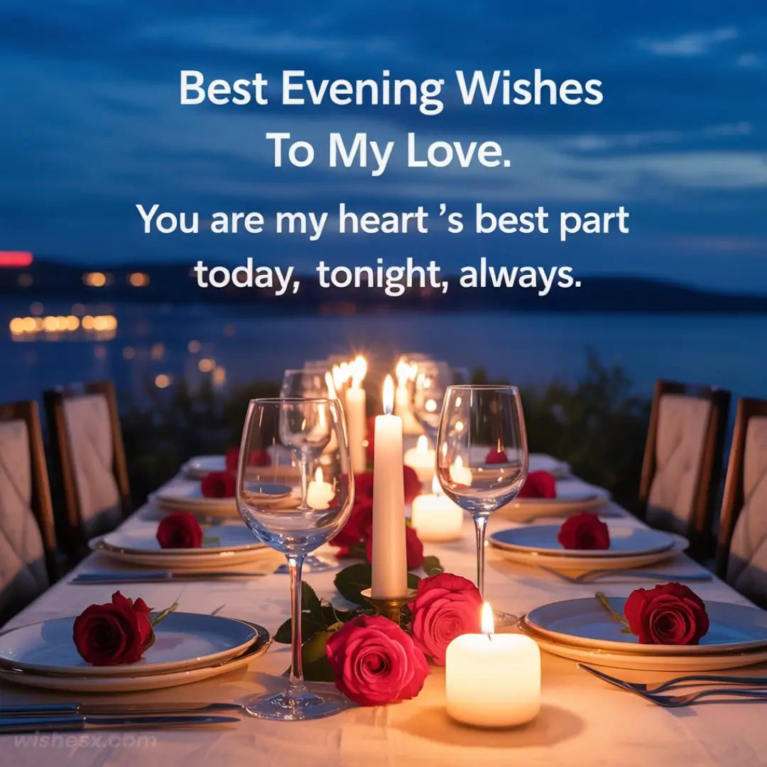 Romantic dinner setup by a lake at sunset, featuring a table with red roses, lit candles, and empty wine glasses. Text reads "Best Evening Wishes To My Love."