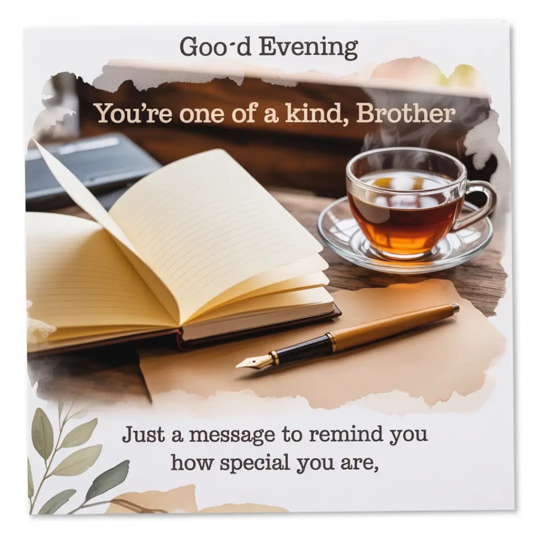 Open book, pen, and steaming tea cup on wooden table with text "Good Evening, You're one of a kind, Brother. Just a reminder of how special you are." Cozy, thoughtful tone.
