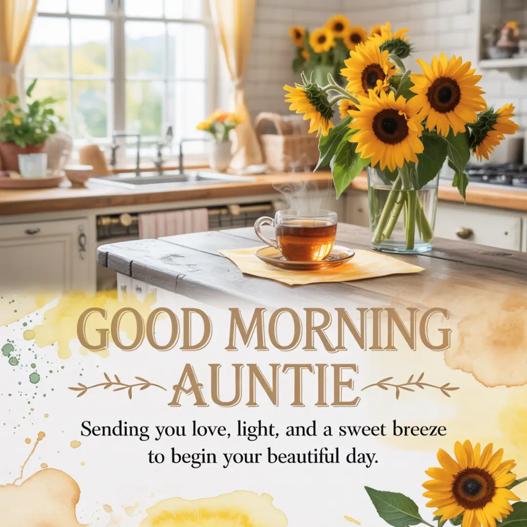 A cozy kitchen scene with sunflowers in a vase and a steaming cup of tea on a wooden table. Text reads "Good Morning Auntie, Sending you love, light, and a sweet breeze to begin your beautiful day."