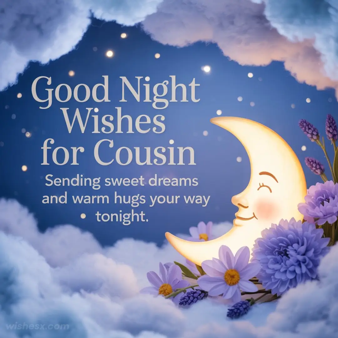 A crescent moon with a smiling face sits amid purple flowers and fluffy clouds, with the message "Good Night Wishes for Cousin" in a starry sky.