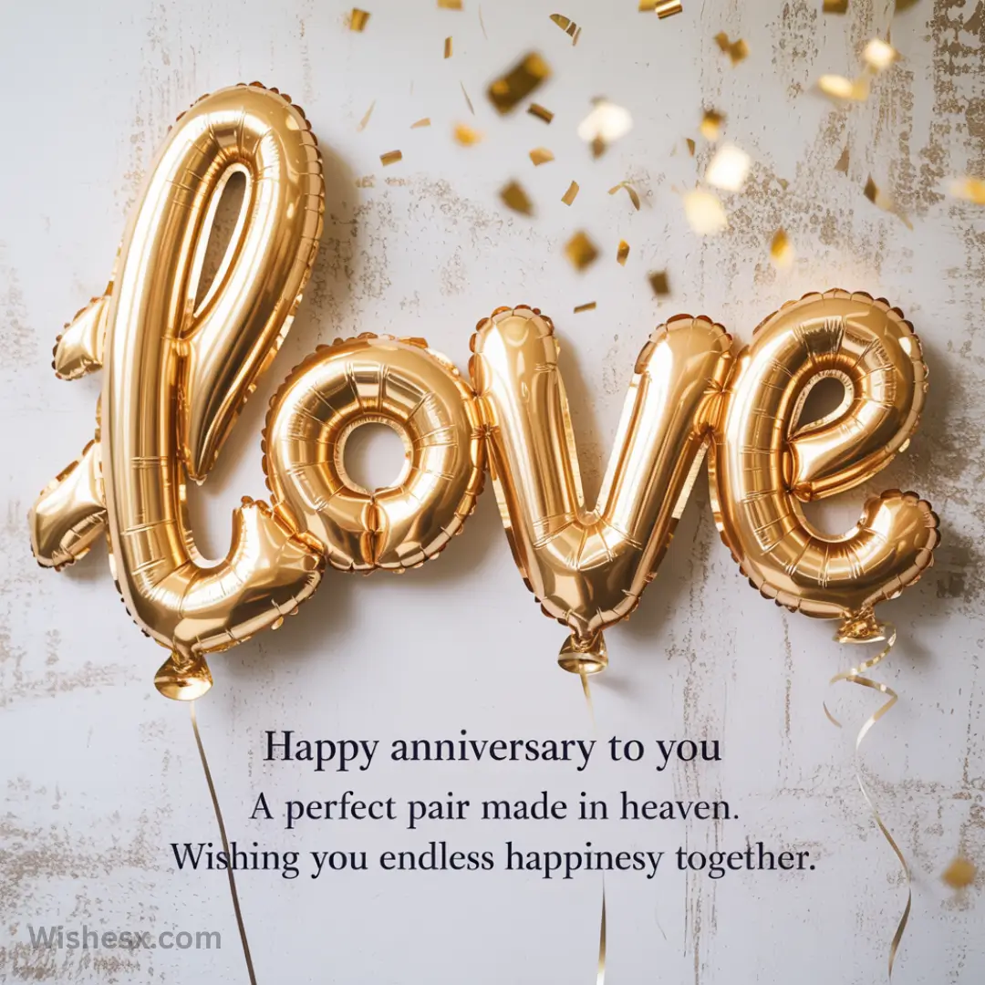 Gold foil balloons spell "love" against a textured wall, with confetti falling. Below, an anniversary message conveys warmth and joy.