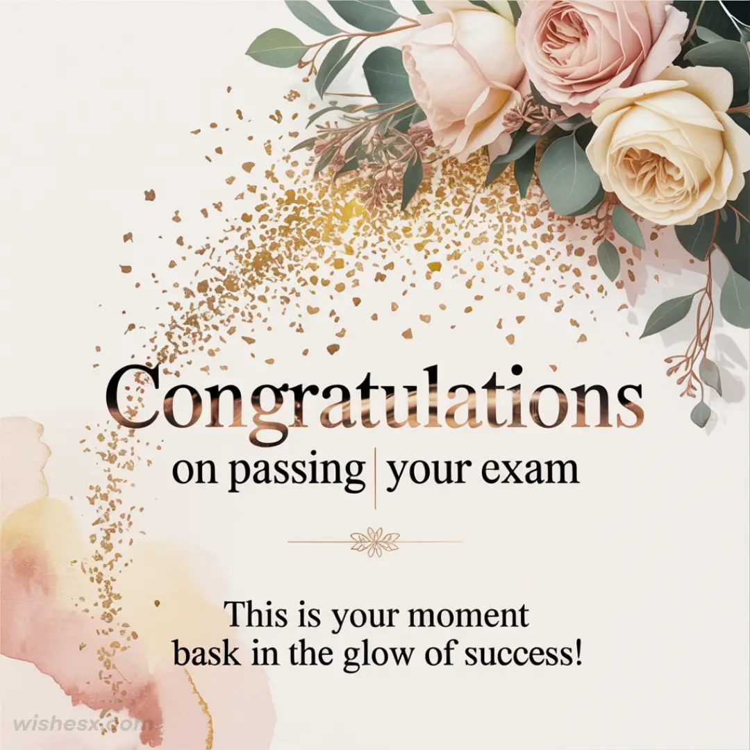 Elegant congratulatory card with text "Congratulations on passing your exam." Features pink and cream roses, green leaves, and a gold confetti design.