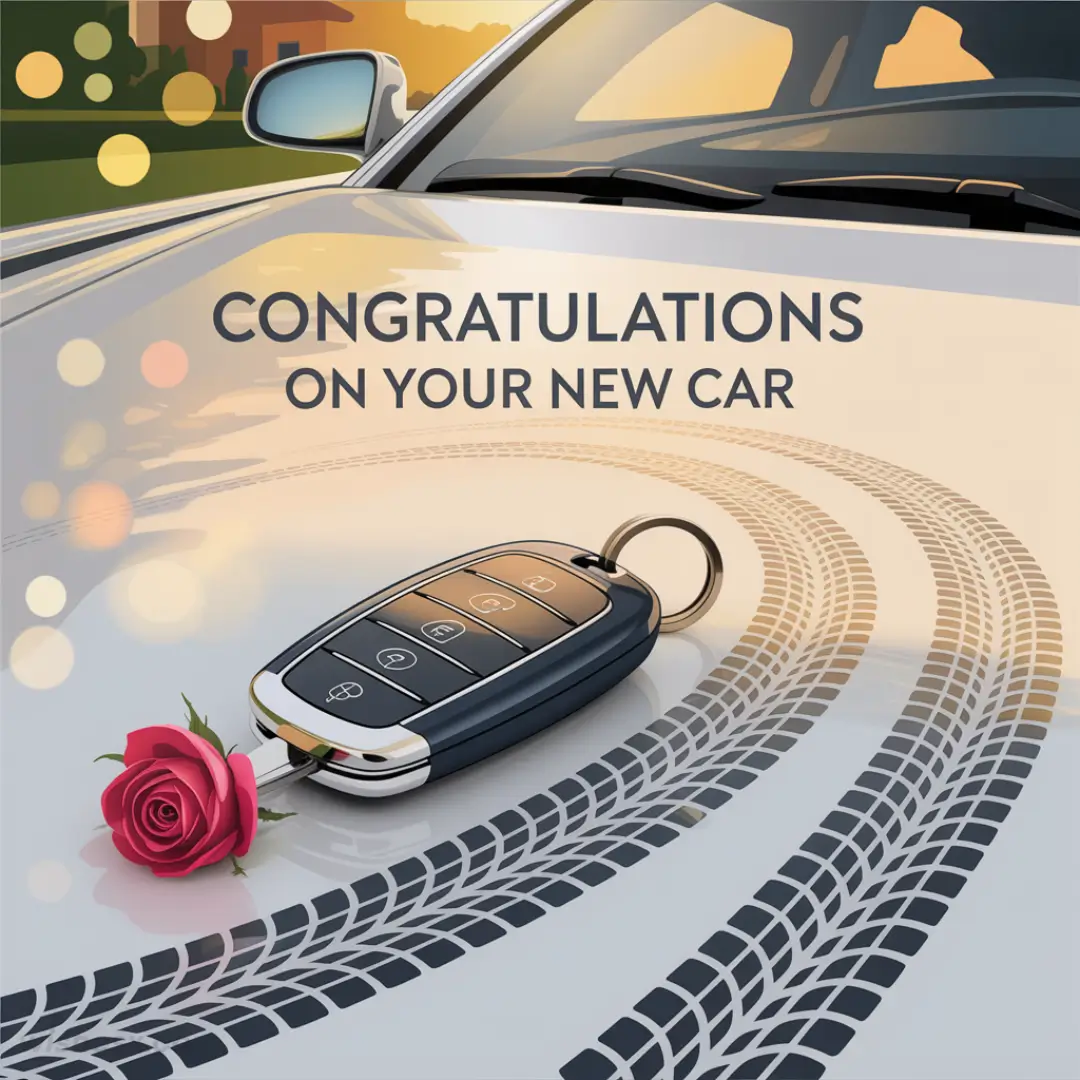 Car key with a red rose on a shiny hood with tire tracks. Text reads "Congratulations on your new car" in a warm, celebratory tone.