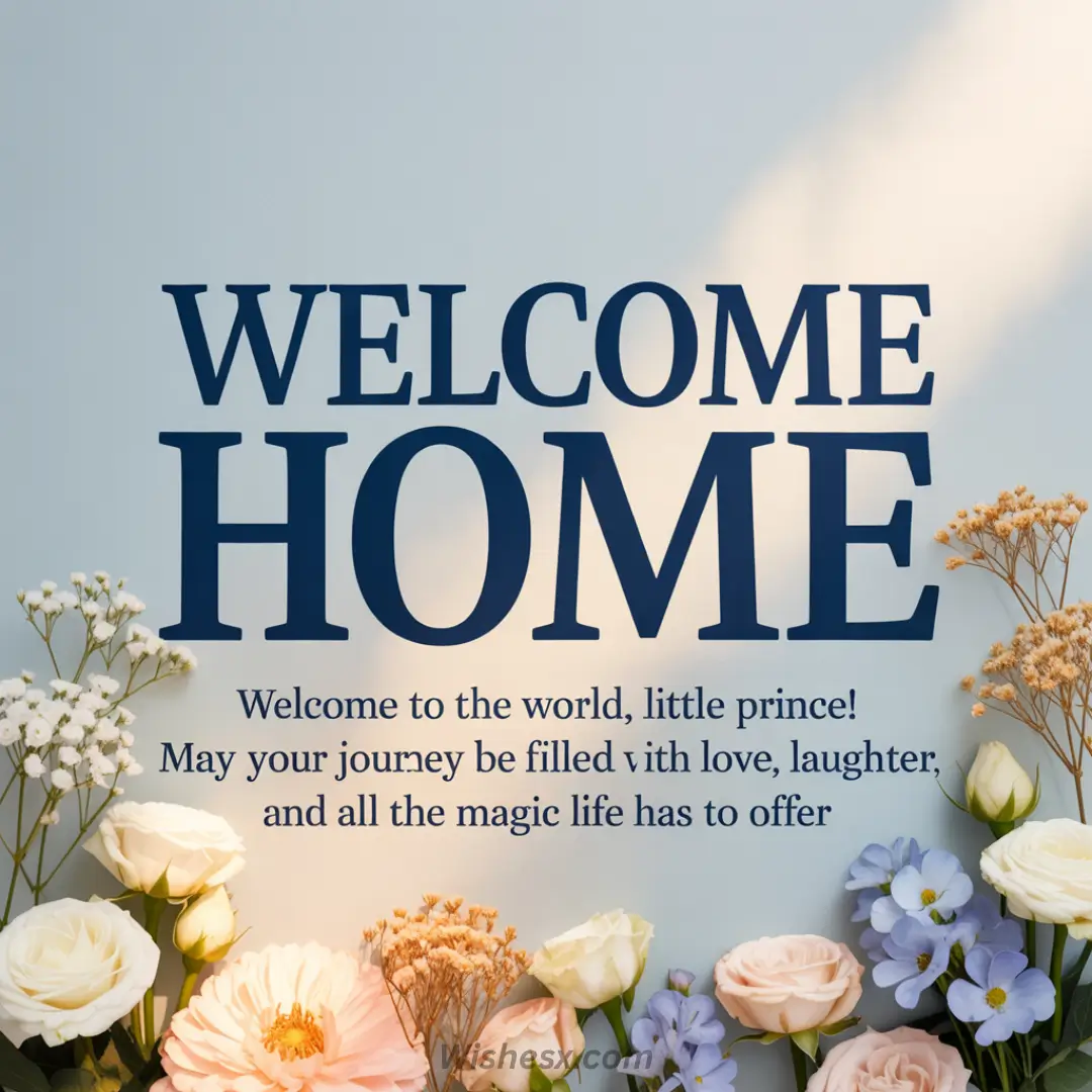Floral-themed image with "Welcome Home" in bold letters, surrounded by roses, daisies, and baby’s breath. Beneath, welcoming text for a newborn. Soft, warm tone.