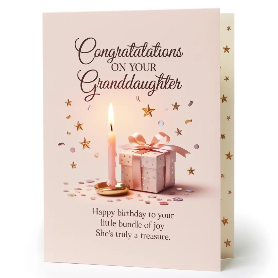 Greeting card with "Congratulations on your Granddaughter." Shows a lit pink candle and pink gift box with stars, confetti. Warm, celebratory tone.