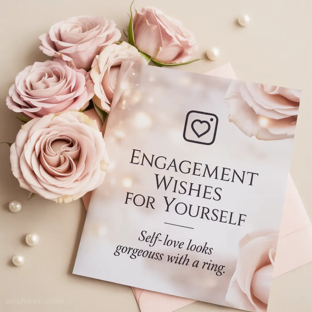 A card titled "Engagement Wishes for Yourself" rests on pink roses and pearls. The message reads "Self-love looks gorgeous with a ring," conveying self-celebration and elegance.