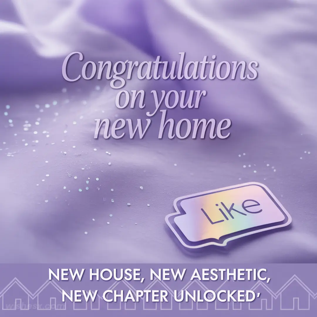 Purple background with scattered sparkles, featuring the text "Congratulations on your new home." A speech bubble says "Like." Text below: "New house, new aesthetic, new chapter unlocked."