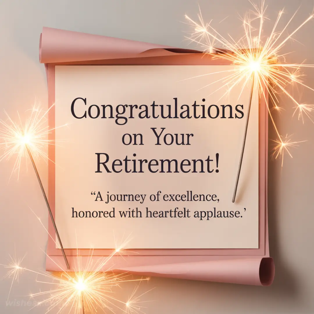Retirement congratulatory card with elegant pink ribbon design. Text reads, “Congratulations on Your Retirement! A journey of excellence.” Surrounded by glowing sparklers.