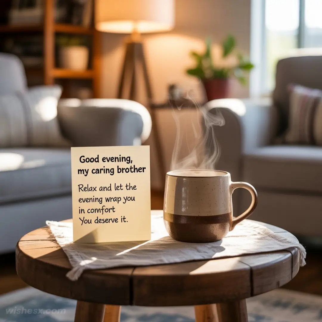 A cozy living room scene featuring a steaming mug on a round wooden table. A card reads, “Good evening, my caring brother... You deserve it.” Warm and inviting atmosphere.