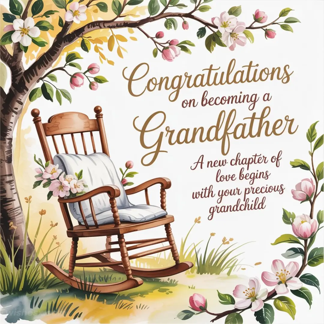 A wooden rocking chair with white cushions sits under a blossoming tree. Text reads, "Congratulations on becoming a Grandfather." Soft, joyful tone.