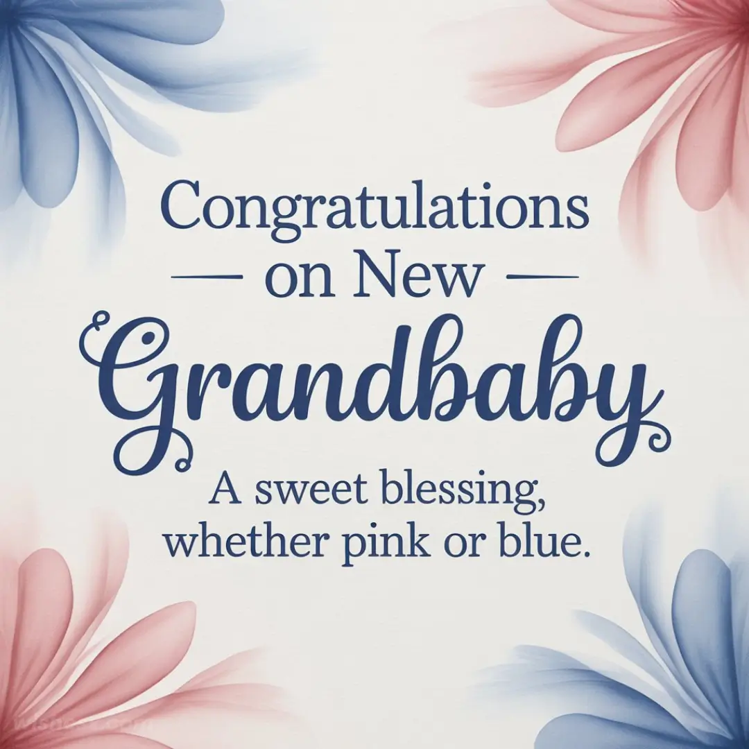 Floral-themed card with flowing pink and blue petals in corners, congratulating a new grandbaby. Text conveys warmth and joy.