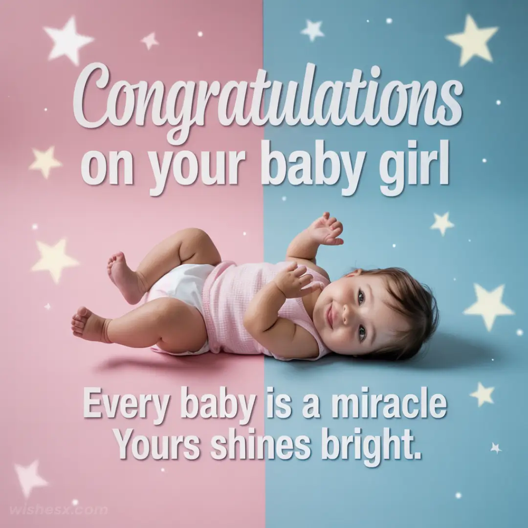 Congratulations card for a newborn girl. A smiling baby lies on a pink and blue starry background. Text reads: "Congratulations on your baby girl. Every baby is a miracle. Yours shines bright."