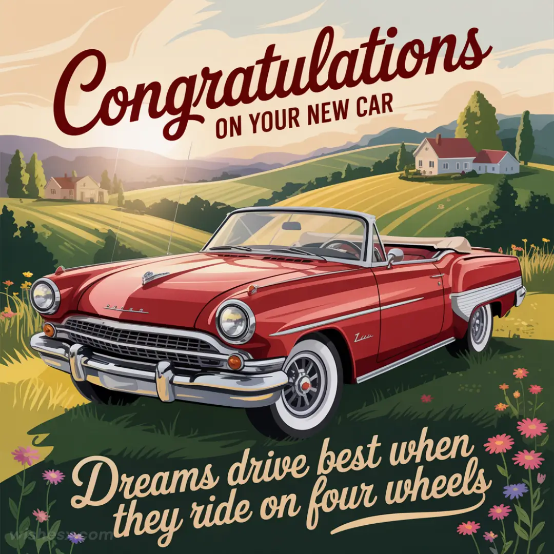 A vintage red convertible car in a picturesque countryside setting. Text says "Congratulations on your new car" and "Dreams drive best when they ride on four wheels."