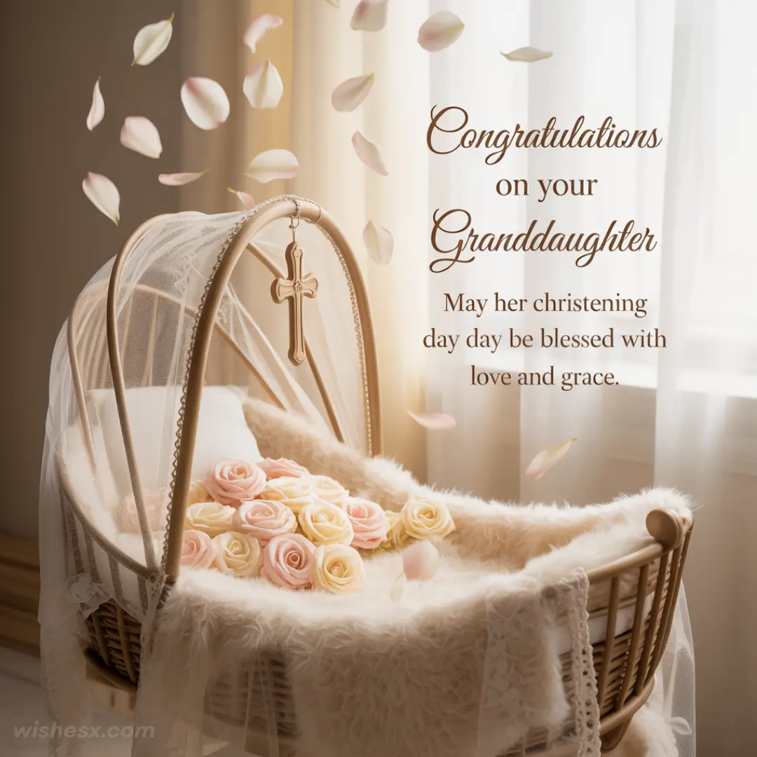 A vintage cradle with a cross, soft roses, and flowing petals. Text: "Congratulations on your Granddaughter; christening blessings of love and grace."